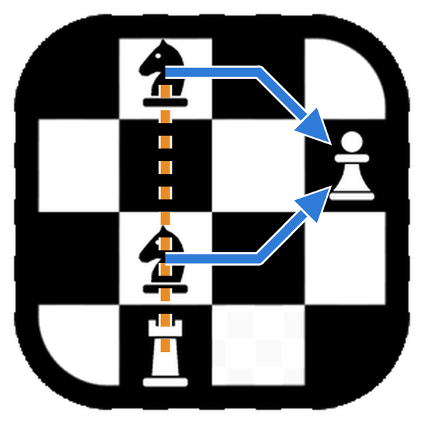 The logo with the moves: the arrows of the two knights to the pawn and the rook's line along the file